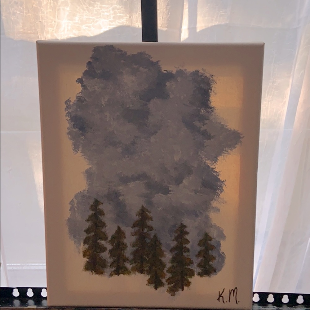 Blue and green painting of sky and trees